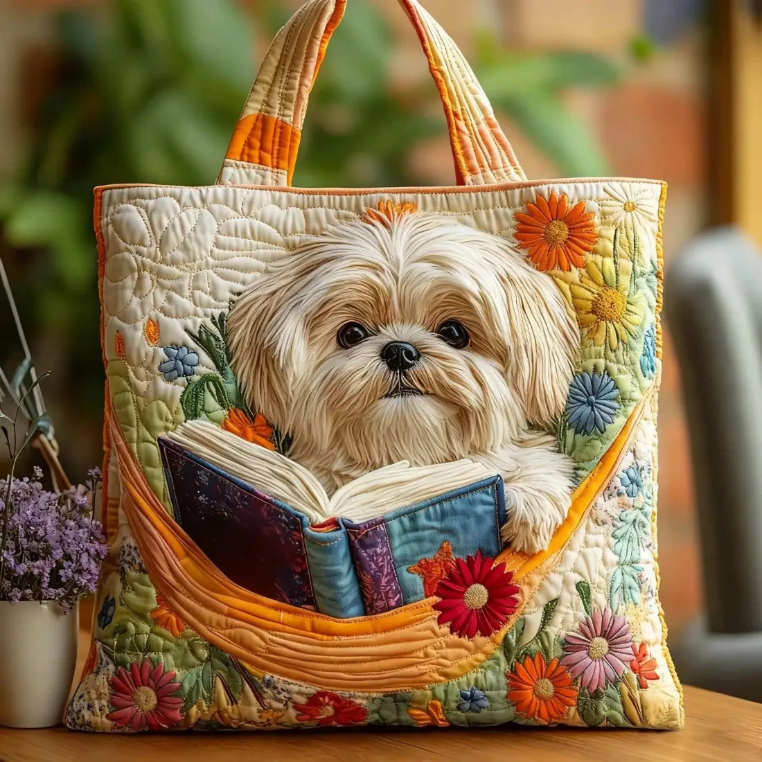 Artisan Shih Tzu Tote Bag with Book and Flowers